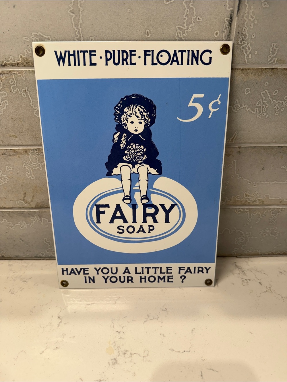 Vintage Fairy Soap Metal Sign in Blue and White